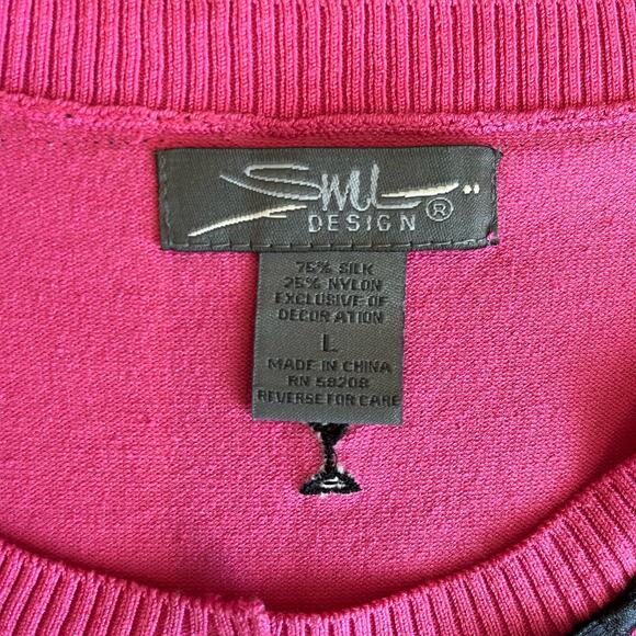 SML Design Cardigan Size Large Pink Martini Emblem Silk Blend Crop Black Ribbon - Picture 8 of 9